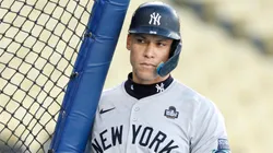 Aaron Judge #99 of the New York Yankees takes batting practice during workout day ahead of Game 1 of the 2024 World Series at Dodger Stadium on October 24, 2024 in Los Angeles, California.