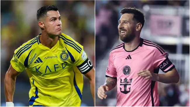 Lionel Messi #10 of Inter Miami celebrates scoring his third goal during the second half against the New England Revolution at Chase Stadium on October 19, 2024 in Fort Lauderdale, Florida/Cristiano Ronaldo of Al Nassr celebrating after scores the 1st goal during the Saudi Pro League match between Al Nassr and Al Raed at Al Awwal Park Stadium on August 22, 2024 in Riyadh, Saudi Arabia.