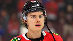 Connor Bedard #98 of the Chicago Blackhawks warms up prior to the game against the San Jose Sharks at the United Center on October 17, 2024 in Chicago, Illinois.