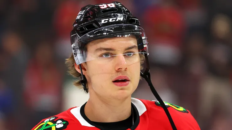 Connor Bedard #98 of the Chicago Blackhawks warms up prior to the game against the San Jose Sharks at the United Center on October 17, 2024 in Chicago, Illinois.