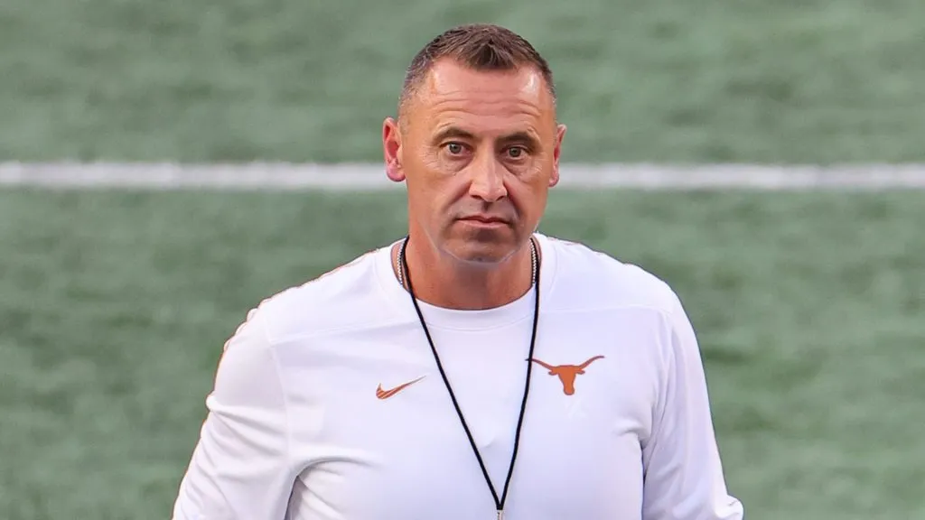 Head coach Steve Sarkisian of the Texas Longhorns looks on prior to a game against the Georgia Bulldogs at Darrell K Royal-Texas Memorial Stadium on October 19, 2024 in Austin, Texas.