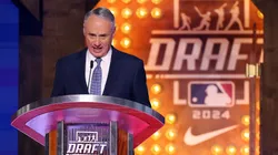 Major League Baseball commissioner Robert D. Manfred Jr. announces a first round pick at the 2024