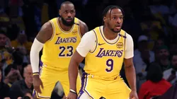 LeBron James #23 and Bronny James #9 of the Los Angeles Lakers on defense during the second quarter against the Minnesota Timberwolves at Crypto.com Arena on October 22, 2024 in Los Angeles, California.