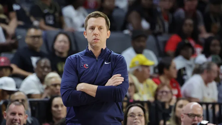 Head coach Eric Thibault of the Washington Mystics looks on in the first quarter of a game against the Las Vegas Aces