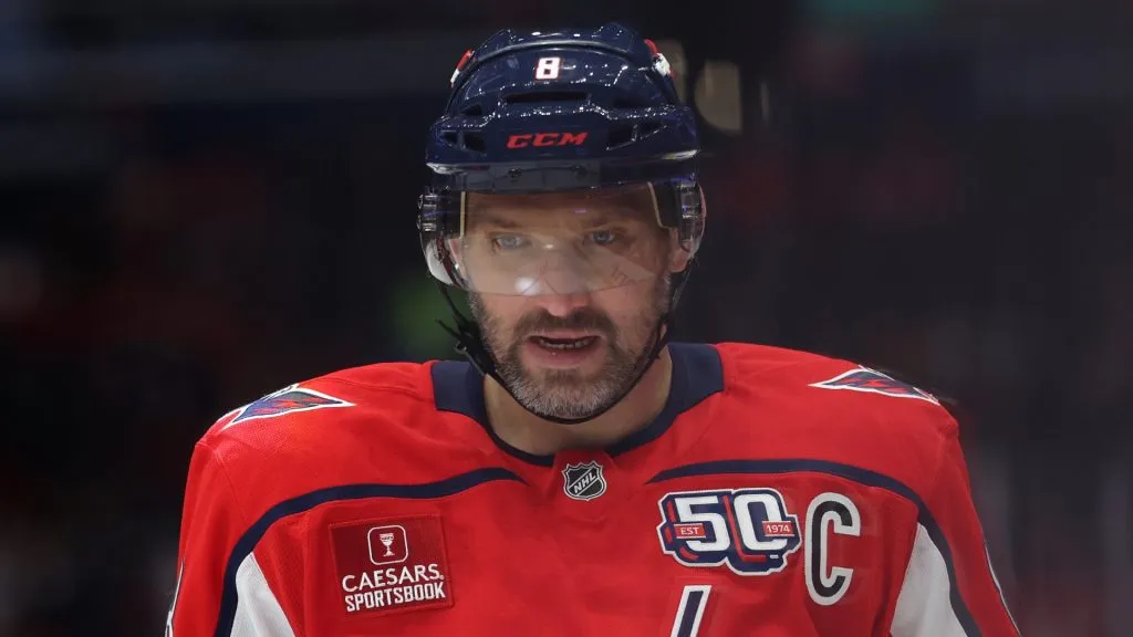 Alex Ovechkin #8 of the Washington Capitals looks on against the Dallas Stars during the first period at Capital One Arena on October 17, 2024 in Washington, DC.