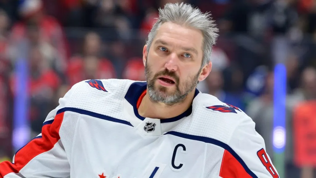 Alex Ovechkin #8 of the Washington Capitals warms up prior to their NHL game against the Vancouver Canucks at Rogers Arena on March 16, 2024 in Vancouver, British Columbia, Canada.