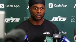Davante Adams #17 of the New York Jets speaks to members of the media at the Atlantic Health Jets Training Center on October 16, 2024 in Florham Park, New Jersey.