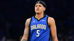 Paolo Banchero #5 of the Orlando Magic looks on against against the Cleveland Cavaliers during the third quarter in Game Six of the Eastern Conference First Round Playoffs at Kia Center on May 03, 2024 in Orlando, Florida.