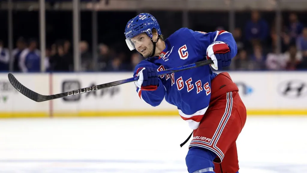 Jacob Trouba #8 of the New York Rangers in action against the New York Islanders at Madison Square Garden on September 24, 2024 in New York City.