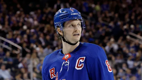 Jacob Trouba #8 of the New York Rangers looks on during the game against the Columbus Blue Jackets at Madison Square Garden on February 28, 2024 in New York City. The Rangers won 4-1.
