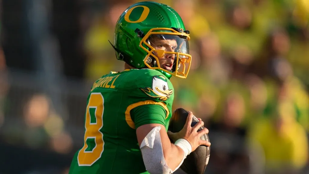 Quarterback Dillon Gabriel #8 of the Oregon Ducks looks to pass downfield during the third quarter of the game against the Idaho Vandals at Autzen Stadium on August 31, 2024 in Eugene, Oregon.