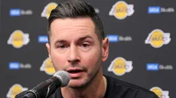 Head coach JJ Redick of the Los Angeles Lakers attends a news conference before a preseason game against the Golden State Warriors at T-Mobile Arena at T-Mobile Arena on October 15, 2024 in Las Vegas, Nevada.