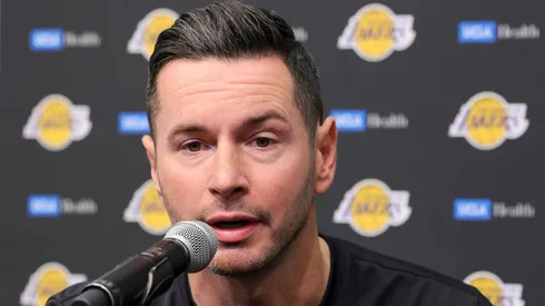 Head coach JJ Redick of the Los Angeles Lakers attends a news conference before a preseason game against the Golden State Warriors at T-Mobile Arena at T-Mobile Arena on October 15, 2024 in Las Vegas, Nevada.