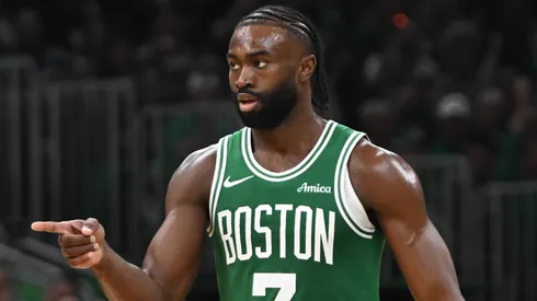 Jaylen Brown #7 of the Boston Celtics reacts during the fourth quarter against the New York Knicks at TD Garden on October 22, 2024 in Boston, Massachusetts.