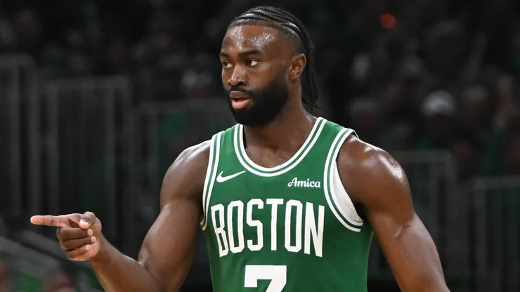 Jaylen Brown #7 of the Boston Celtics reacts during the fourth quarter against the New York Knicks at TD Garden on October 22, 2024 in Boston, Massachusetts.