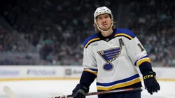 Robert Thomas #18 of the St. Louis Blues skates against the Seattle Kraken at Climate Pledge Arena on October 08, 2024 in Seattle, Washington. (Photo by Steph Chambers/Getty Images)