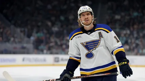 Robert Thomas #18 of the St. Louis Blues skates against the Seattle Kraken at Climate Pledge Arena on October 08, 2024 in Seattle, Washington. (Photo by Steph Chambers/Getty Images)