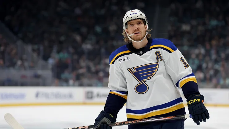 Robert Thomas #18 of the St. Louis Blues skates against the Seattle Kraken at Climate Pledge Arena on October 08, 2024 in Seattle, Washington. (Photo by Steph Chambers/Getty Images)