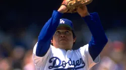 fernando valenzuela pitches for the los angeles dodgers during their game against the houston astros at dodger stadium in los angeles, california. mandatory credit: mike powell/allsport