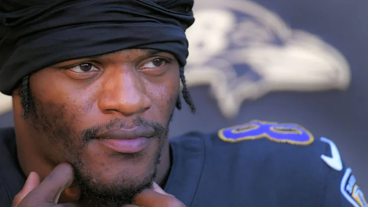 Baltimore Ravens quarterback Lamar Jackson speaks to the media during practice on Thursday, Oct. 17, 2024, in Owings Mills, Maryland.