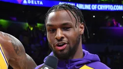 LeBron James #23 and Bronny James #9 of the Los Angeles Lakers are interviewed after the game against the Minnesota Timberwolves at Crypto.com Arena on October 22, 2024 in Los Angeles, California.