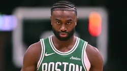 Jaylen Brown #7 of the Boston Celtics looks on against the New York Knicks