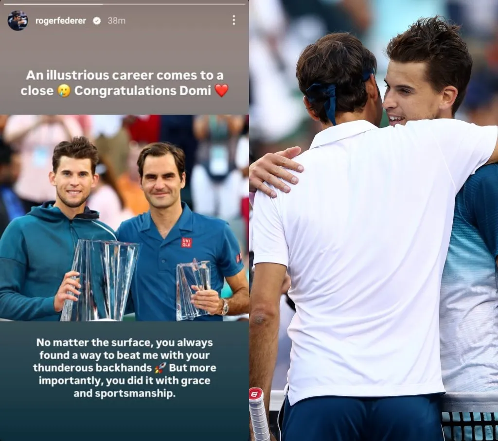 L-R: Roger Federer’s Instagram Story/Federe and Thiem hugging after the 2019 Indian Wells final (Clive Brunskill/Getty Images)