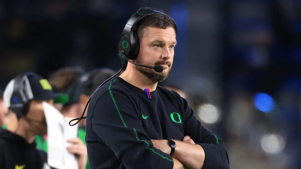 ead coach Dan Lanning of the Oregon Ducks looks on during the second half at Ross-Ade Stadium on October 18, 2024 in West Lafayette, Indiana.