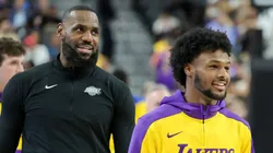 LeBron James (L) #23 and Bronny James #9 of the Los Angeles Lakers warm up before a preseason game against the Golden State Warriors at T-Mobile Arena at T-Mobile Arena on October 15, 2024 in Las Vegas, Nevada.