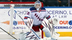 Igor Shesterkin #31 of the New York Rangers skates against the New York Islanders at UBS Arena on October 04, 2024 in Elmont, New York. (Photo by Bruce Bennett/Getty Images)