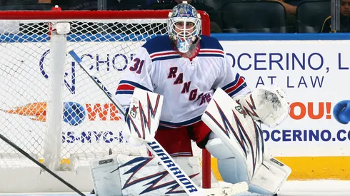 Igor Shesterkin #31 of the New York Rangers skates against the New York Islanders at UBS Arena on October 04, 2024 in Elmont, New York. (Photo by Bruce Bennett/Getty Images)