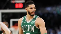 Jayson Tatum #0 of the Boston Celtics during a game against the Dallas Mavericks in the 2024 NBA Finals at TD Garden.