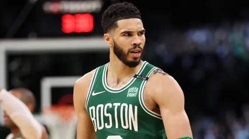 Jayson Tatum #0 of the Boston Celtics during a game against the Dallas Mavericks in the 2024 NBA Finals at TD Garden.