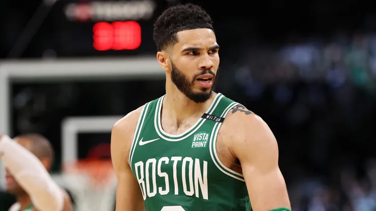 Jayson Tatum #0 of the Boston Celtics during a game against the Dallas Mavericks in the 2024 NBA Finals at TD Garden.
