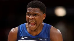 Anthony Edwards #5 of the Minnesota Timberwolves reacts against the Chicago Bulls during the first half of a preseason game at the United Center on October 16, 2024 in Chicago, Illinois.