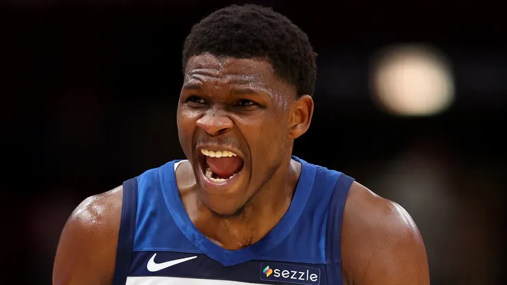 Anthony Edwards #5 of the Minnesota Timberwolves reacts against the Chicago Bulls during the first half of a preseason game at the United Center on October 16, 2024 in Chicago, Illinois.
