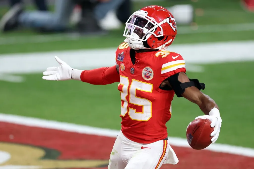 LAS VEGAS, NEVADA – FEBRUARY 11: Jaylen Watson #35 of the Kansas City Chiefs celebrates after recovering a fumble in the third quarter against the San Francisco 49ers during Super Bowl LVIII at Allegiant Stadium on February 11, 2024 in Las Vegas, Nevada. (Photo by Steph Chambers/Getty Images)