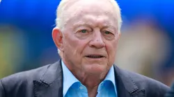 Dallas Cowboys owner Jerry Jones talks to media before the NFL, American Football Herren, USA preseason game between the Dallas Cowboys and the Los Angeles Rams on August 11, 2024, at SoFi Stadium in Inglewood, CA.