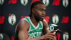 Jaylen Brown #7 of the Boston Celtics speaks to the media during Boston Celtics Media Day at The Auerbach Center on September 24, 2024 in Boston, Massachusetts.