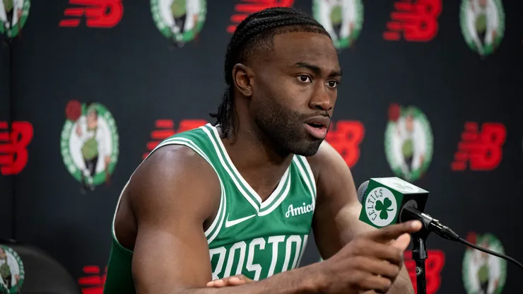 Jaylen Brown #7 of the Boston Celtics speaks to the media during Boston Celtics Media Day at The Auerbach Center on September 24, 2024 in Boston, Massachusetts.
