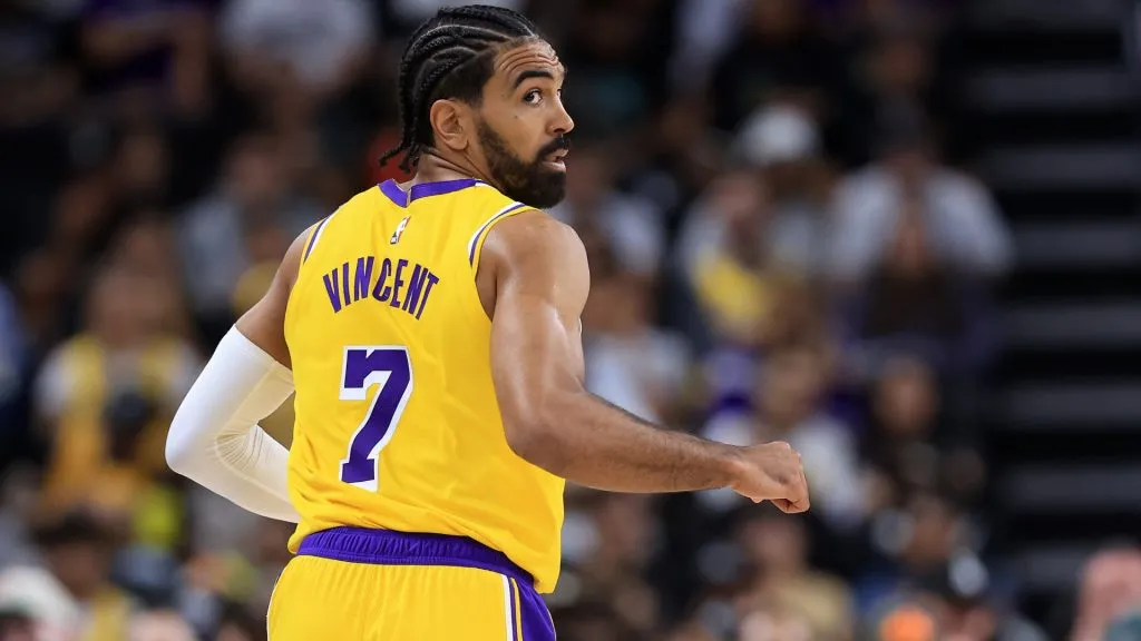 Gabe Vincent #7 of the Los Angeles Lakers looks back during the second half of a game against the Minnesota Timberwolves at Acrisure Arena on October 04, 2024 in Palm Springs, California. (Photo by Sean M. Haffey/Getty Images)