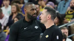 LeBron James (L) #23 and head coach JJ Redick of the Los Angeles Lakers.