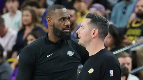 LeBron James (L) #23 and head coach JJ Redick of the Los Angeles Lakers.