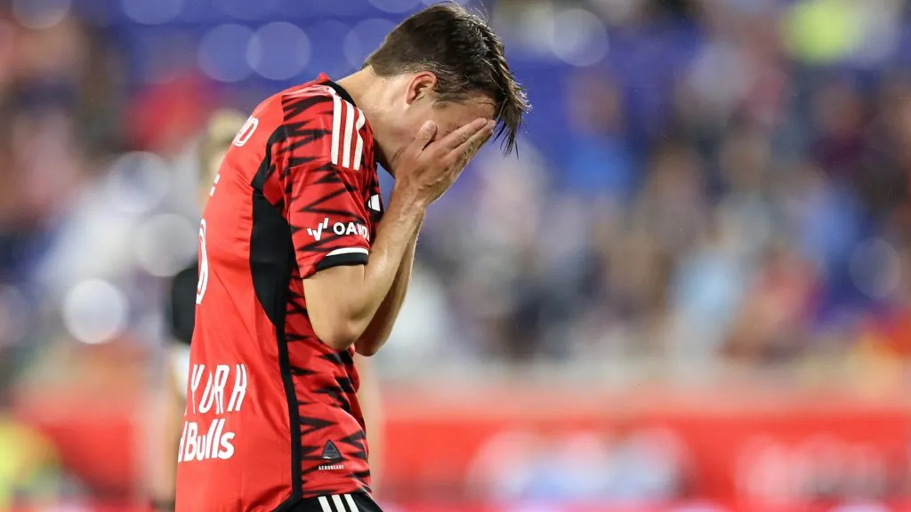 Peter Stroud #5 of New York Red Bulls reacts against the New York City FC during the second half at Red Bull Arena on September 28, 2024 in Harrison, New Jersey. (Photo by Luke Hales/Getty Images)