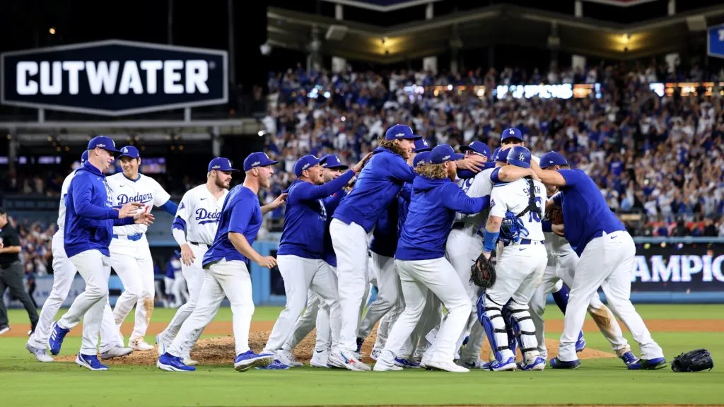 The Los Angeles Dodgers celebrate the final out and a 10- 5 win over the New York Mets during Game 6 of the National League Championship Series at Dodger Stadium on October 20, 2024 in Los Angeles, California. (Photo by Harry How/Getty Images)