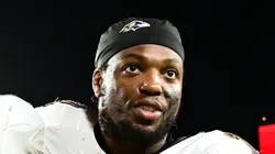 Derrick Henry #22 of the Baltimore Ravens celebrate as he walk to the locker room following the game against the Tampa Bay Buccaneers at Raymond James Stadium on October 21, 2024 in Tampa, Florida. Baltimore defeated Tampa Bay 41-31.