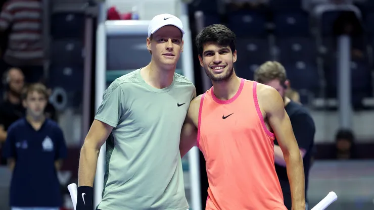 Jannik Sinner and Carlos Alcaraz before their Six Kings Slam 2024 final.