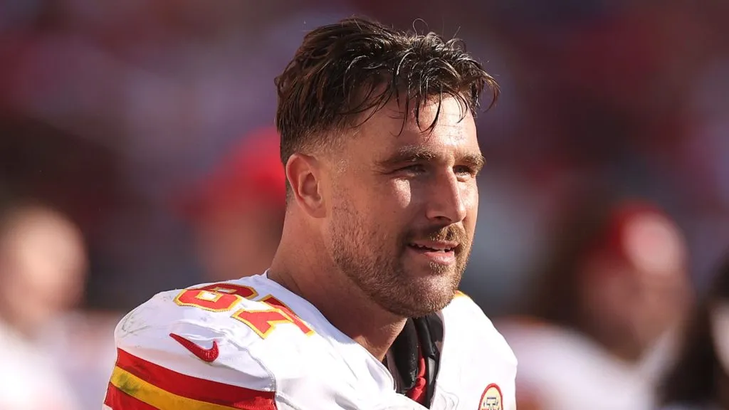 Travis Kelce #87 of the Kansas City Chiefs looks on during the fourth quarter against the San Francisco 49ers at Levi's Stadium on October 20, 2024 in Santa Clara, California.