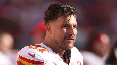 Travis Kelce #87 of the Kansas City Chiefs looks on during the fourth quarter against the San Francisco 49ers at Levi's Stadium on October 20, 2024 in Santa Clara, California.