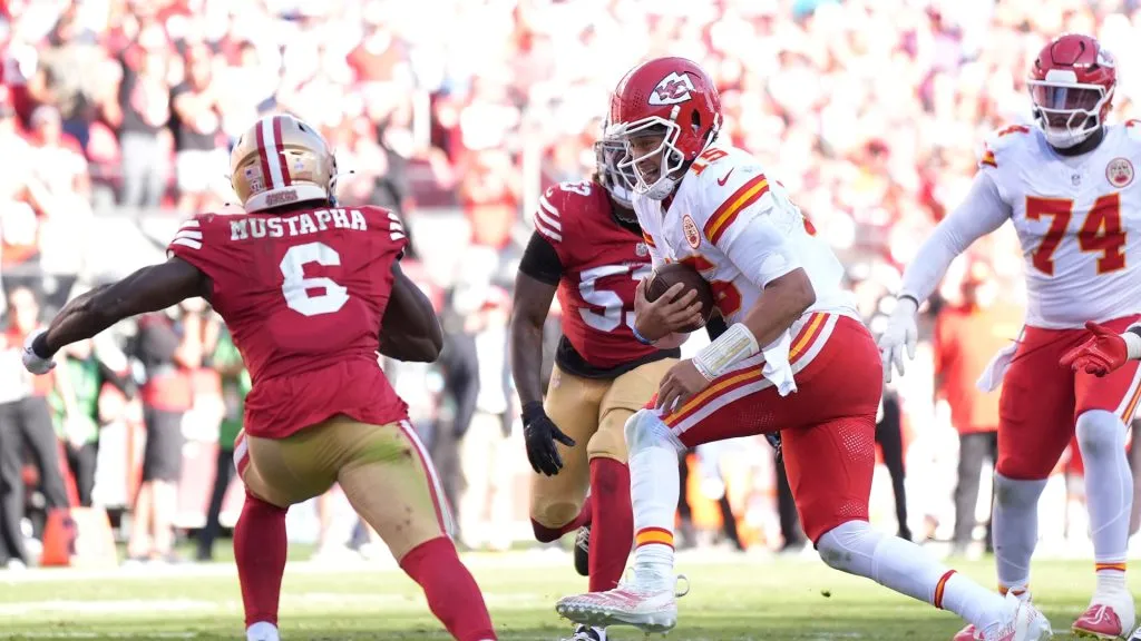 Quarterback Patrick Mahomes #15 of the Kansas City Chiefs runs for a fourth quarter touchdown against the San Francisco 49ers at Levi's Stadium on October 20, 2024 in Santa Clara, California.